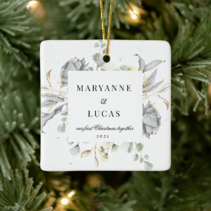 Dramatic Silver Floral Monogram First Christmas Ceramic Ornament