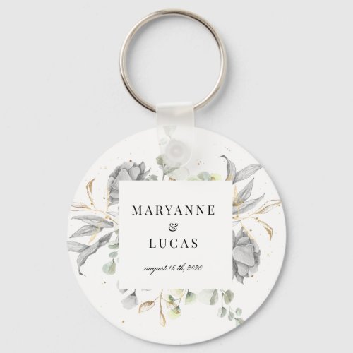 dramatic silver floral monogram wedding keychain