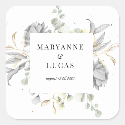 dramatic silver floral monogram wedding square sticker