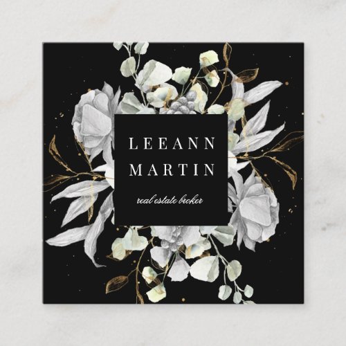 dramatic silver floral square business card