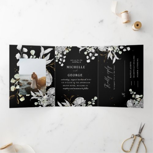 dramatic silver floral tri fold wedding invitation