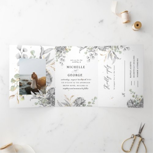 dramatic silver floral tri fold wedding invitation