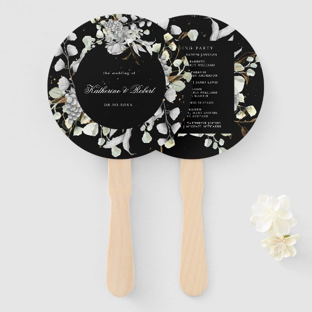 dramatic silver Floral Wedding Program Hand Fan (Front and Back)