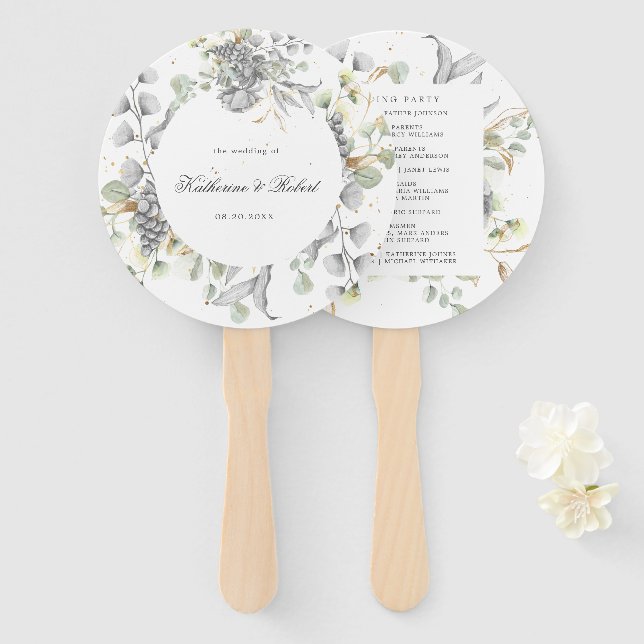 dramatic silver Floral Wedding Program Hand Fan (Front and Back)