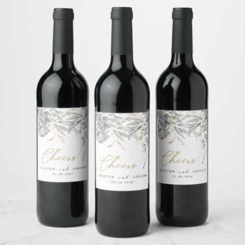 dramatic silver gold floral cheers wedding wine label