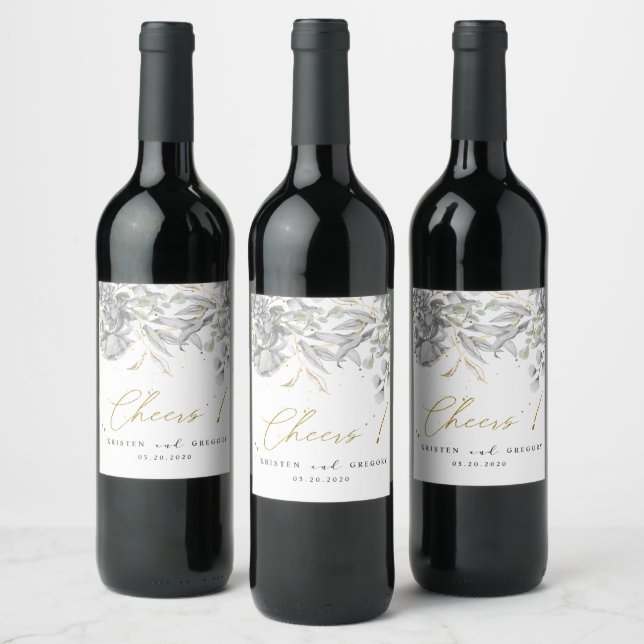 dramatic silver gold floral cheers wedding wine label (Bottles)