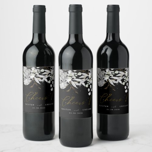 dramatic silver gold floral cheers wedding wine label
