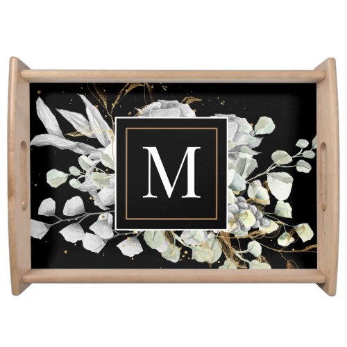 dramatic silver gold floral monogram serving tray