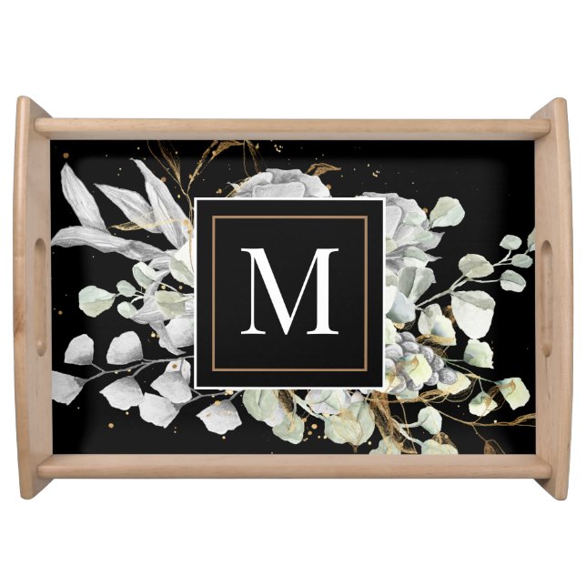 dramatic silver gold floral monogram serving tray (Front)