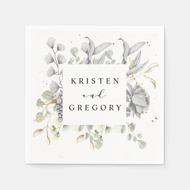 dramatic silver gold floral monogram wedding napkins (Front)