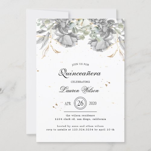 dramatic silver gold floral Quinceanera Invitation