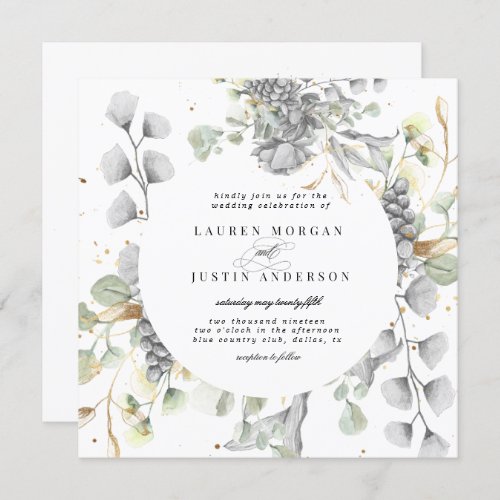 dramatic silver gold floral square Wedding Invitation