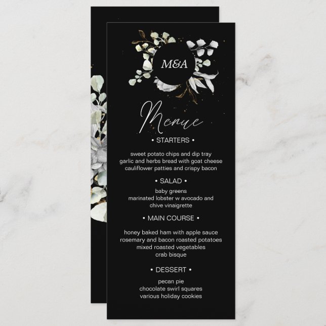 dramatic silver gold floral Wedding Dinner Menu Invitation (Front/Back)