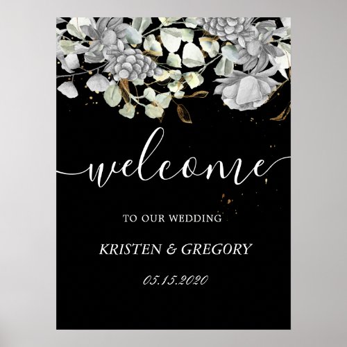dramatic silver gold floral Wedding Welcome Poster