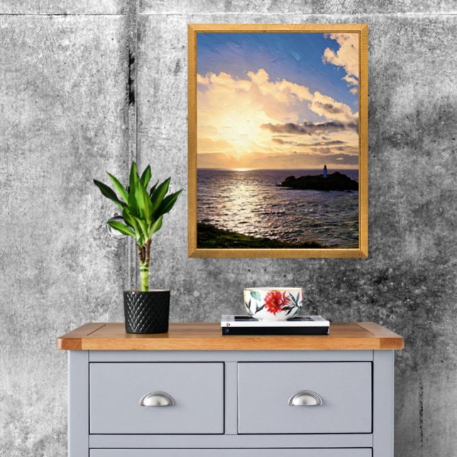 Dramatic Sunset over Godrevy Lighthouse, Cornwall Photo Print (Your home deserves this view! Iconic Godrevy Lighthouse print. )
