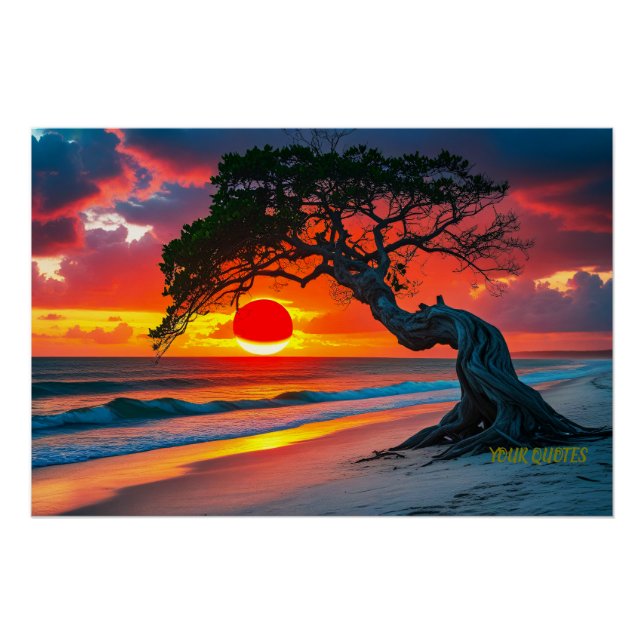 Dramatic Sunset Tree Over Ocean Beach Wall Art (Front)