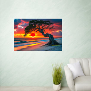 Dramatic Sunset Tree Over Ocean Beach Wall Art Decal