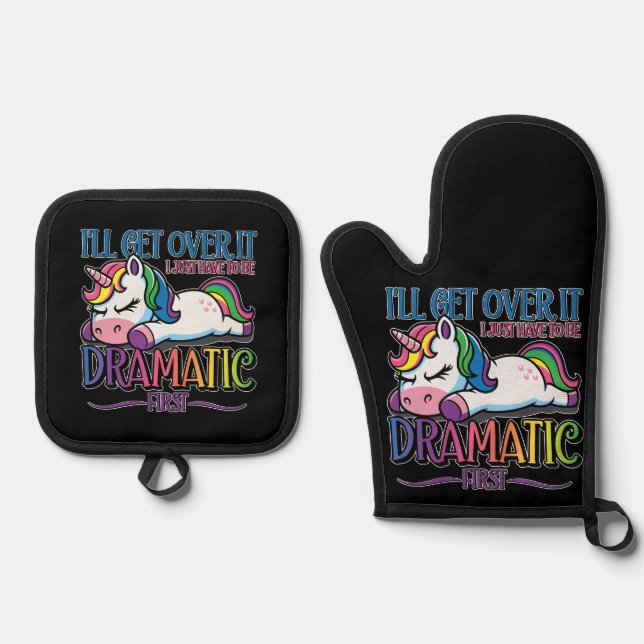 Dramatic Unicorn Oven Mitt & Pot Holder Set (Front)