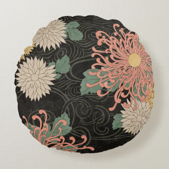 Dramatic Pillows Dramatic Vintage Japanese Chrysanthemum Floral Round Pillow | Zazzle
