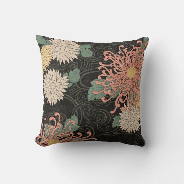 Dramatic Vintage Japanese Chrysanthemum Floral  Throw Pillow (Front)