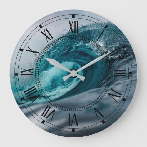Dramatic Water Teal Blue Ocean Wave Storm At Sea Large Clock