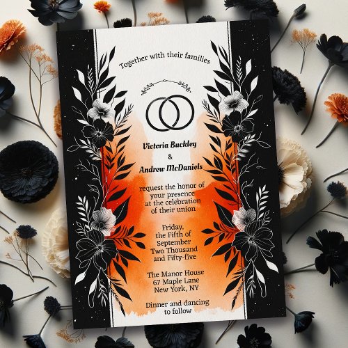 Dramatic Watercolor Black Orange Floral Wedding  Invitation