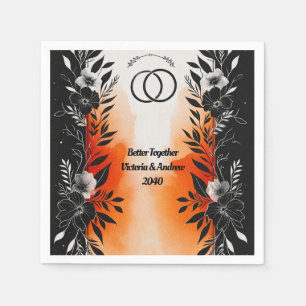 Dramatic Watercolor Black Orange Floral Wedding Napkins