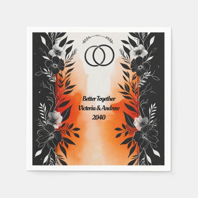 Dramatic Watercolor Black Orange Floral Wedding Napkins (Front)