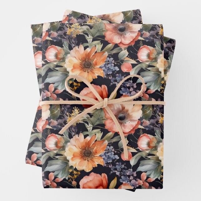 DRAMATIC WATERCOLOR FLORAL GIFT WRAPPING PAPER SHEETS (In situ)