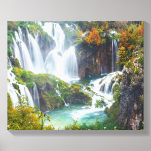 Dramatic Waterfall Cascading Water Autumn Colors Canvas Photo Tile