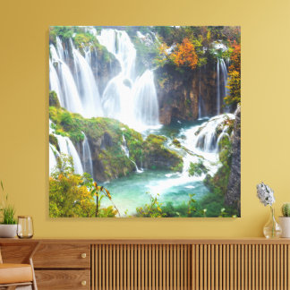 Dramatic Waterfall Cascading Water Autumn Colors Canvas Print