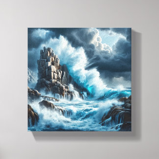 Dramatic Waves Crashing Against Towering Vertical  Canvas Print