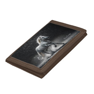Dramatic White Horse Galloping in Rain Tri-fold Wallet