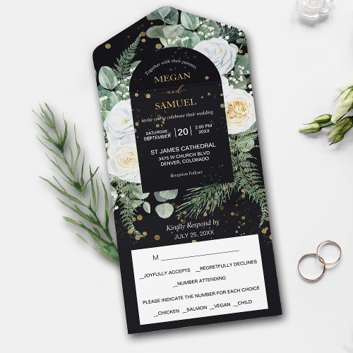 Dramatic White Rose Bouquet Photo Wedding All In One Invitation