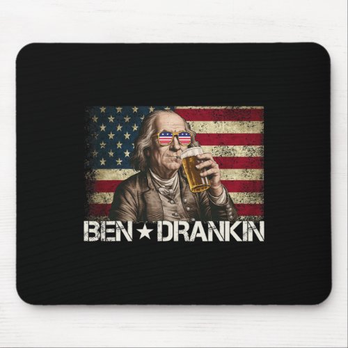 Drankin Funny Beer 4th Of July Retro Usa Flag Men  Mouse Pad