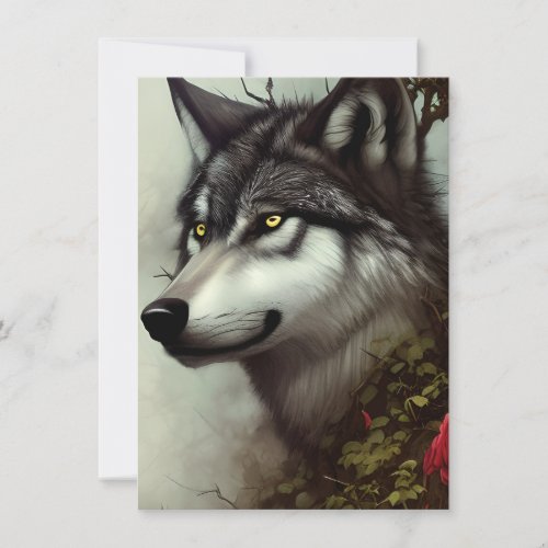 Draw a Wolf with Roses and Thorns Digital Graphic Note Card