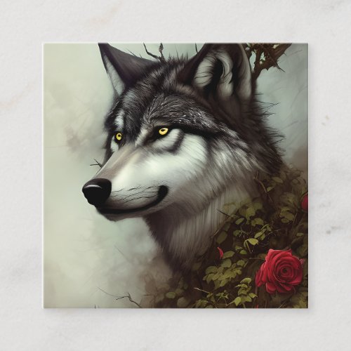 Draw a Wolf with Roses and Thorns Digital Graphic Square Business Card