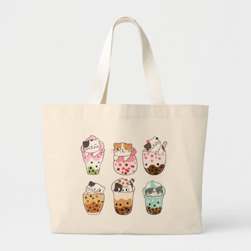 draw_collection_cat_bubble_tea_doodle_cartoon_styl large tote bag