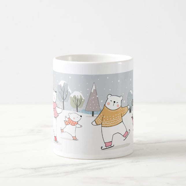 Draw polar bear on ice skates in snow winter coffee mug (Center)