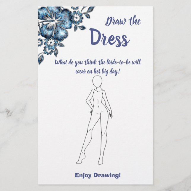 Draw the Dress Bridal Shower Game Card Blue Flower Flyer (Front)