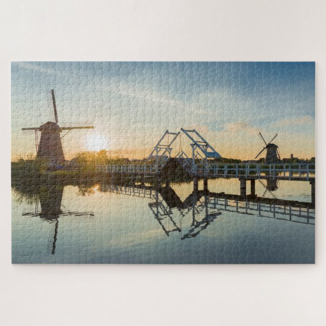 Drawbridge and windmills at sunset in Holland Jigsaw Puzzle (Horizontal)