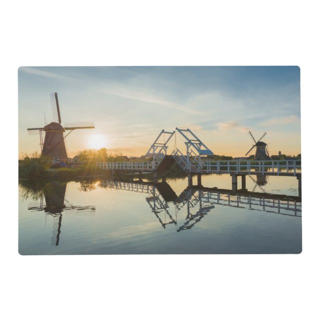 Drawbridge and windmills at sunset in Holland Placemat (Back)