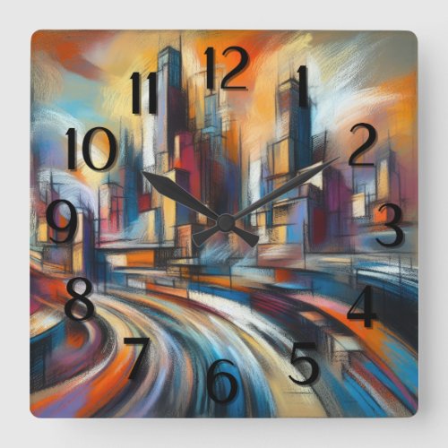 Drawing Abstract Modern Buildings Cityscape Square Wall Clock