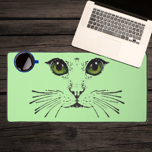 Drawing Black Cat Face Intense Green Eyes Whiskers Desk Mat