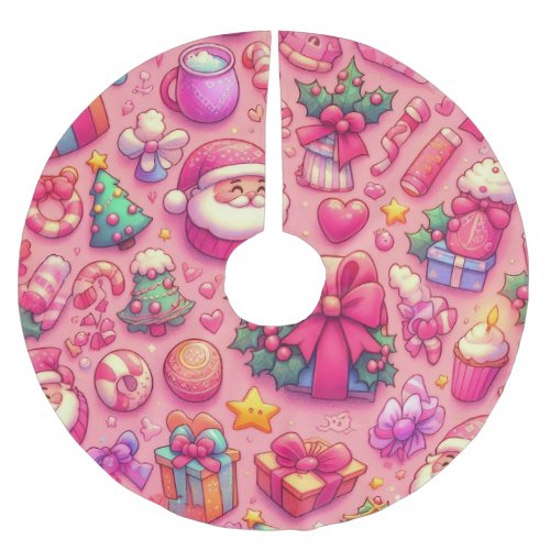 Drawing Christmas Motifs Pink  Brushed Polyester Tree Skirt