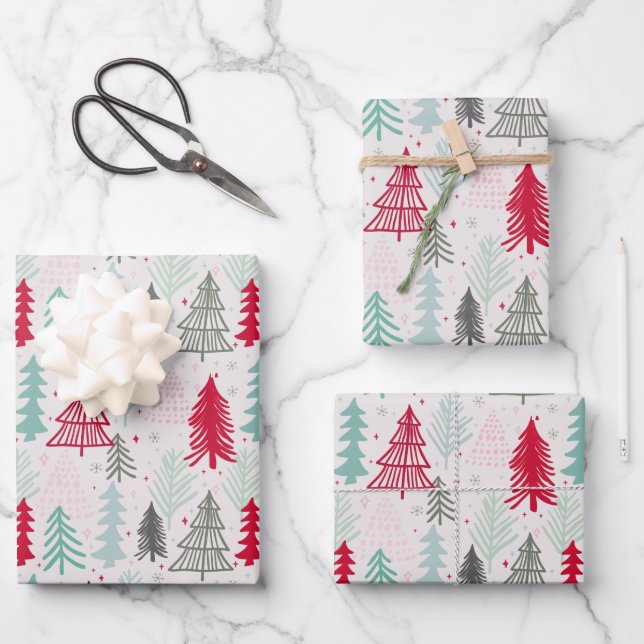 Drawing Christmas Trees Evergreen Pine Red Green Wrapping Paper Sheets (Front)