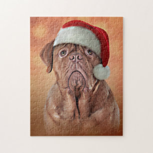 Drawing dog Dogue de Bordeaux in red hat of Santa Jigsaw Puzzle