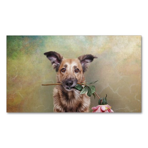 Drawing funny dog holding a flower in the mouth business card magnet
