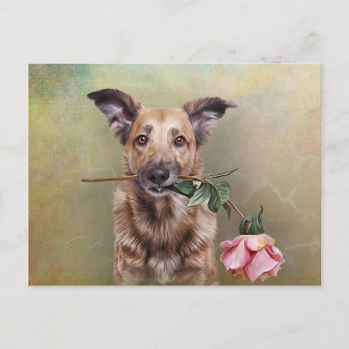Drawing funny dog holding a flower in the mouth postcard