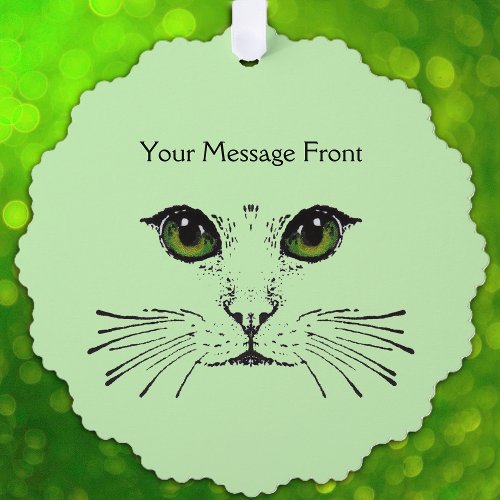 Drawing in Black Cat Face Long Whiskers Green Eyes Ornament Card
